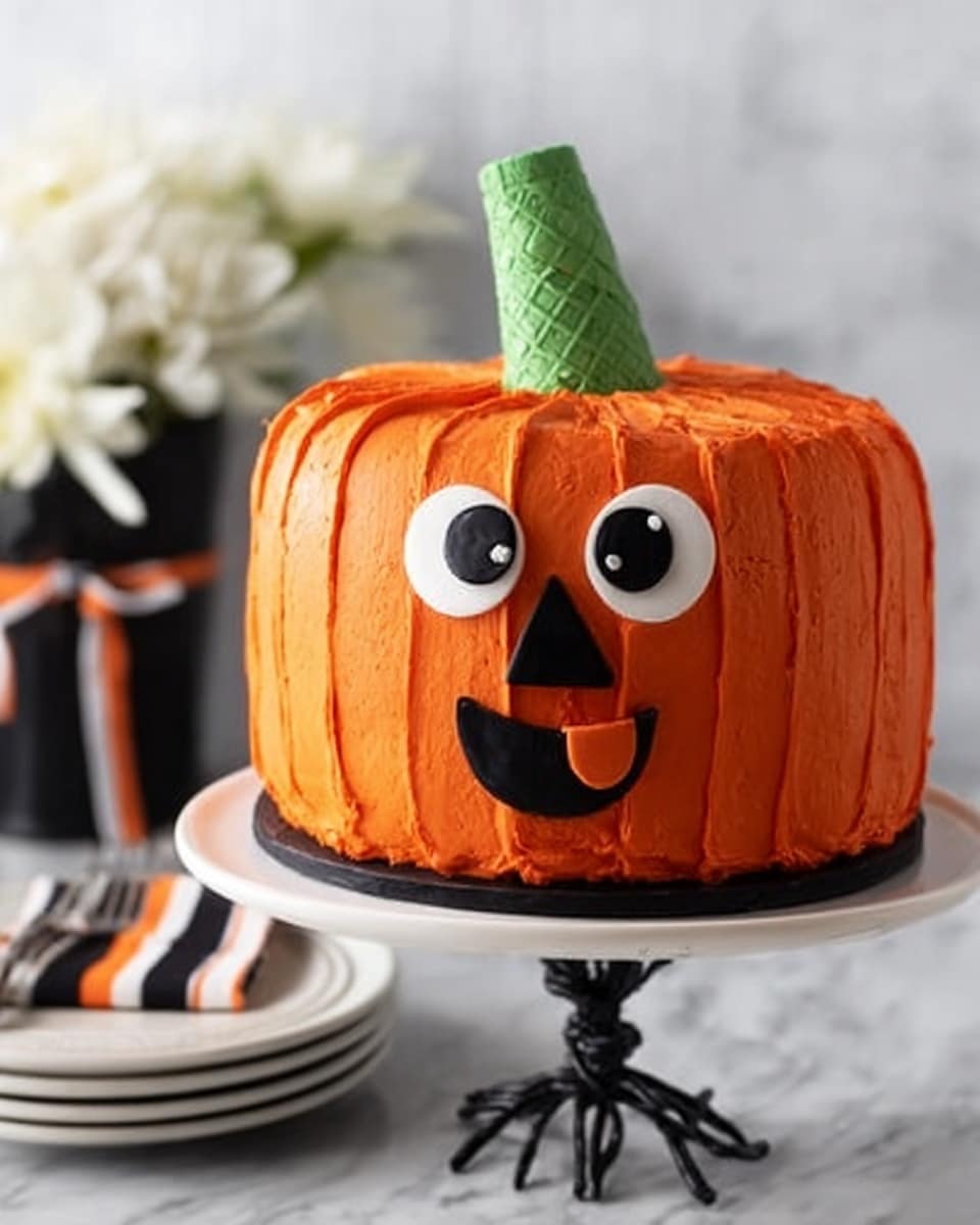 A round cake decorated to look like an orange pumpkin with smooth, bright orange frosting. The cake has two large, round white eyes with black pupils made of candy, placed near the top front. A small black triangle nose is centered below the eyes, and a wide black smiling mouth is below the nose, all made with flat black shapes. On top of the cake is a green ice cream cone standing upside down as the pumpkin stem. The cake is placed on a simple white cake stand with no additional decoration. The background surface is a white marbled texture with some white flowers and a small jar wrapped with an orange and black checkered ribbon nearby. photo taken with an iphone --ar 4:5 --v 7