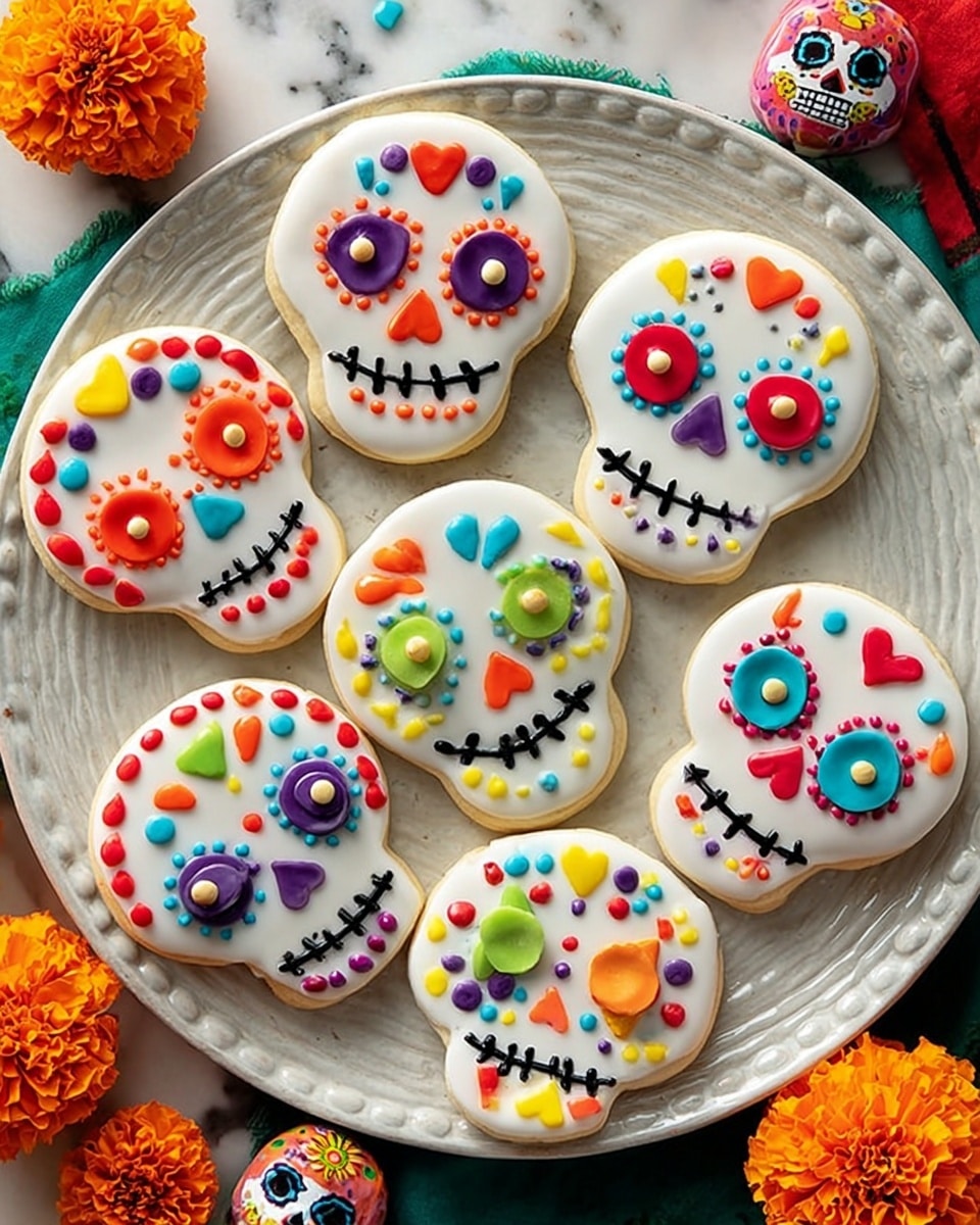 A white plate holds six flat skull-shaped cookies with white icing as the base layer. Each cookie is decorated with colorful candy beads forming eyes, noses, and mouths; the eyes are mostly round or heart shapes in bright colors like green, pink, and red. The mouths are made of small white candy balls or black icing lines shaped like teeth. Some skulls have additional details like small flower-shaped candy beads on their foreheads and cheeks. The plate sits on a brightly colored woven fabric with red, green, yellow, and orange patterns, surrounded by marigold flowers and two white skull-shaped decorations with black designs. Photo taken with an iphone --ar 4:5 --v 7