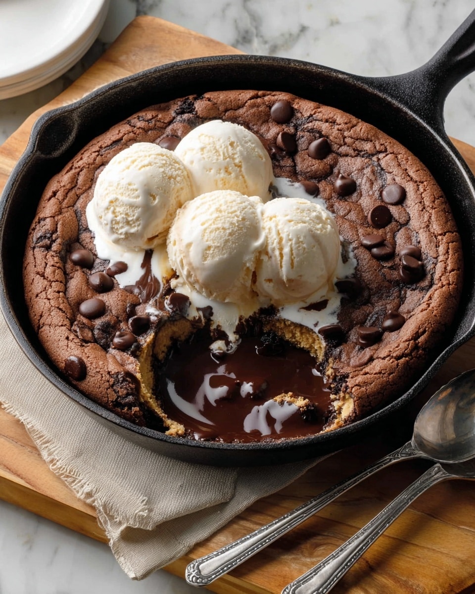 A round cast iron skillet holds a chocolate chip cookie cake with a rich brown top sprinkled with dark chocolate chips. One slice is missing, showing a thick, soft layer of light tan cookie dough inside, sandwiched between the same rich brown cookie dough layers. On top, three smooth white scoops of vanilla ice cream sit close together, slightly melting and mixing with shiny dark chocolate syrup drizzled over the cookie cake. The skillet is placed on a wooden surface with a beige cloth and two shiny silver spoons to the side, and a small white cup with dark chocolate sauce visible at the bottom right. The background is a white marbled texture. Photo taken with an iphone --ar 4:5 --v 7