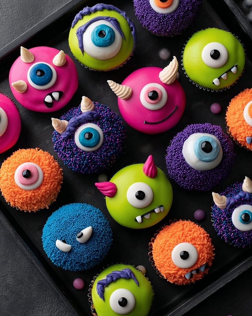 The image shows a black rectangular tray with ten colorful monster-themed cupcakes arranged on it. Each cupcake features one or two large edible eyes with different colors and designs, surrounded by icing details like horns, ears, and sprinkles in bright colors such as blue, green, pink, purple, orange, and yellow. The cupcakes have smooth glossy icing and textured parts like sprinkles and icing shapes to create monster faces, giving each cupcake a unique expression and character. The tray sits on a white marbled surface in the background. Photo taken with an iphone --ar 4:5 --v 7