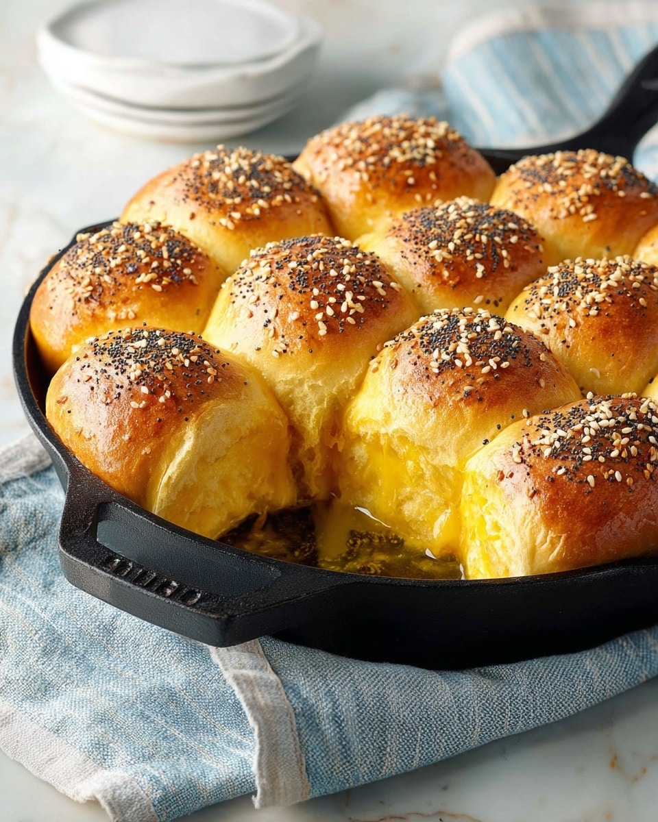 A round black cast iron pan holds twelve golden brown dinner rolls arranged close together in three layers: the top is light shiny golden with white sesame seeds and black poppy seeds sprinkled unevenly, the middle layer shows soft, fluffy yellow dough inside, and the bottom layer is hidden but suggested by the depth of the pan. One roll at the front is pulled open slightly, revealing melted butter melting and dripping softly into the warm bread. The pan sits on a folded blue and white striped cloth atop a white marbled surface. Photo taken with an iphone --ar 4:5 --v 7