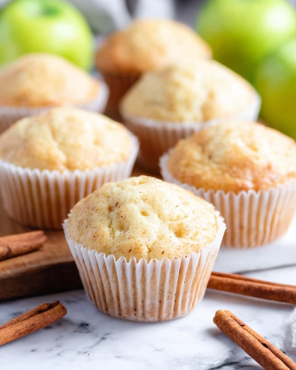 The image shows a group of eleven light golden muffins, each in white paper liners, arranged with some on a rustic wooden board and others directly on a white marbled surface. The muffins have a slightly rough texture on top and are rounded with a soft, fluffy look. Around the muffins, there are three fresh green apples and several cinnamon sticks scattered on the white marbled surface. Everything is well-lit with soft, natural light. photo taken with an iphone --ar 4:5 --v 7