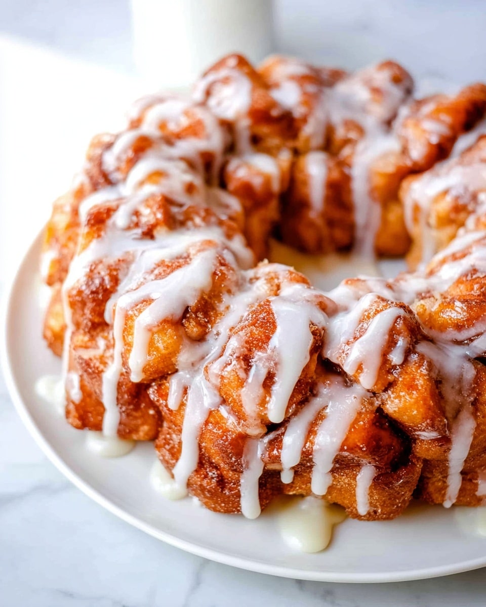 The image shows a round monkey bread made of many small golden brown dough pieces stuck together in a ring shape, all covered with a thick, white glaze dripping down the sides. The dough pieces have a soft and slightly crispy texture, and the glaze adds a smooth, creamy look with some pools of icing at the base. The monkey bread is placed on a simple white plate, and the background has a white marbled texture, giving a clean and bright setting. Photo taken with an iphone --ar 4:5 --v 7