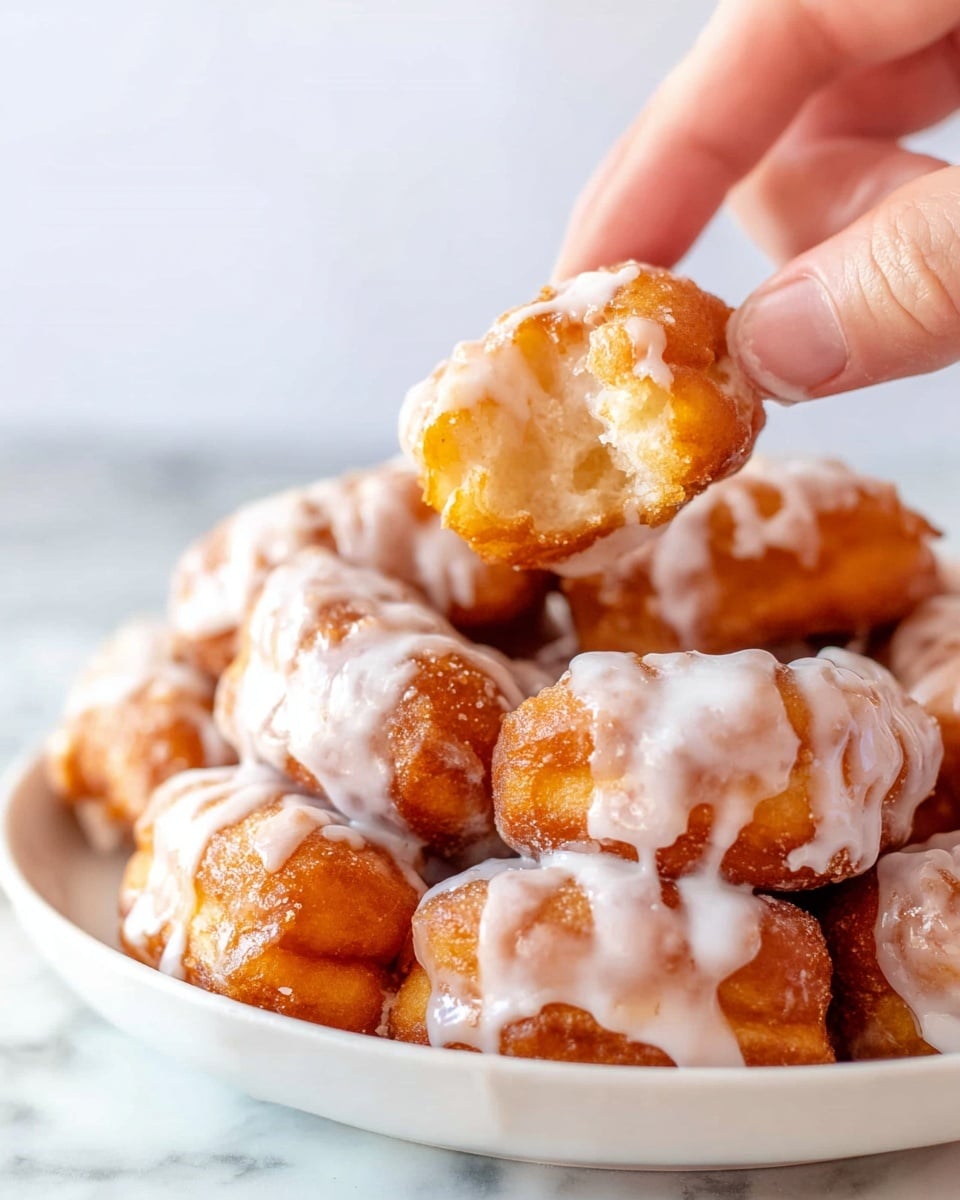 A white plate holds a pile of golden brown cinnamon roll pieces covered in thick white icing that drips slightly down the sides. The stack is made of about two layers of soft, swirled roll chunks, with the icing adding a shiny, creamy texture on top and between the pieces. A woman's hand holds a fork pressing into the top layer piece, lifting it slightly. The background features a white marbled surface with another plate of similar cinnamon roll pieces slightly blurred in the distance. photo taken with an iphone --ar 4:5 --v 7