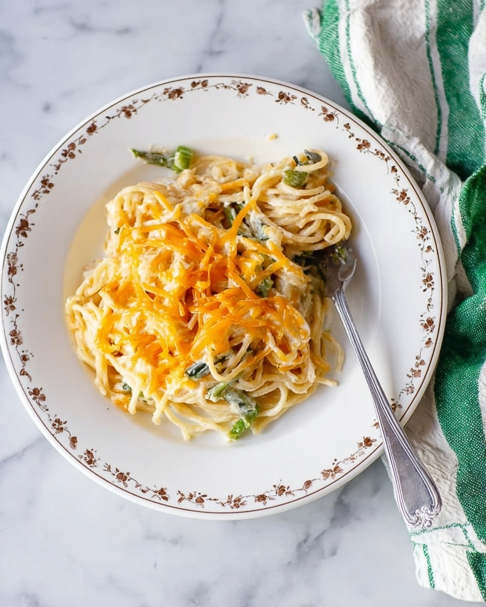 A portion of creamy spaghetti casserole sits on a white plate with a delicate floral border. The dish has visible layers of thick white sauce mixed with spaghetti strands, with bits of green pepper peeking through. On top, there is a melted layer of bright orange cheese that looks soft and slightly stringy. A silver fork rests on the edge of the plate. The plate is placed on a white marbled surface next to a white cloth with green stripes. Photo taken with an iphone --ar 4:5 --v 7