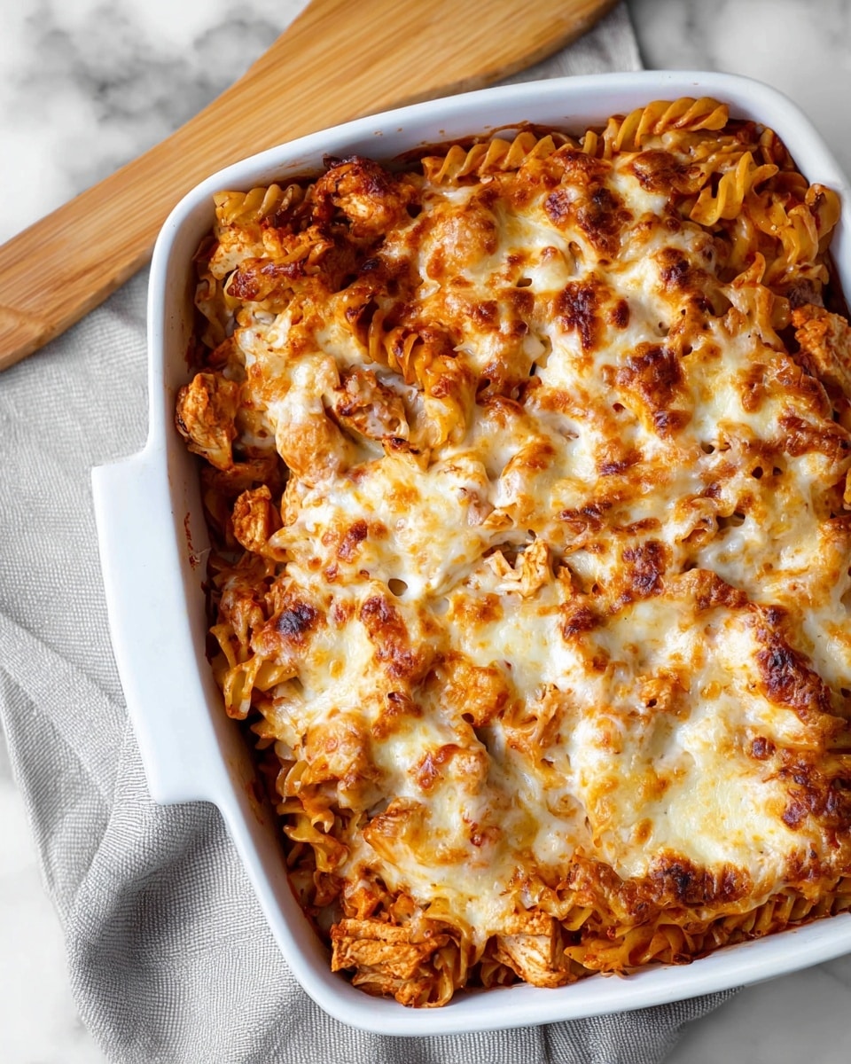 The image shows a white casserole dish filled with a baked pasta dish layered with cooked pasta noodles mixed with a tomato-based sauce and chunks of meat. The top layer is golden brown melted cheese, bubbling and slightly crispy in some areas, creating a textured surface with light and dark orange-brown spots. The pasta and meat form a dense base layer visible under the cheese, and part of the casserole is scooped out to reveal stretchy melted cheese strings. The dish rests on a light grey cloth on a white marbled surface, with a wooden spoon partially visible at the top edge of the casserole. photo taken with an iphone --ar 4:5 --v 7