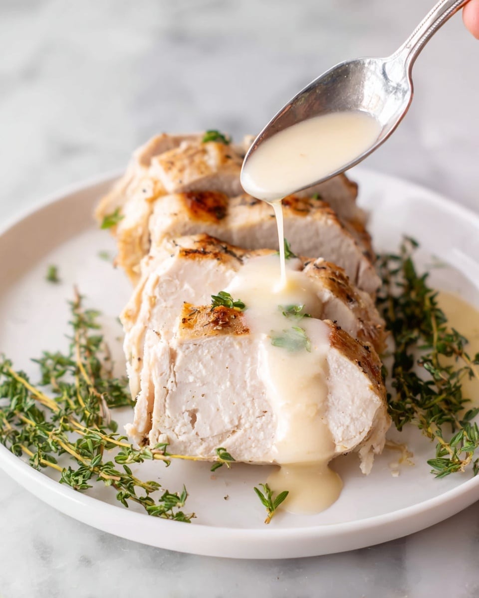 On a white plate rests five pieces of grilled chicken stacked with thick texture, each piece showing a golden brown outside with light charring and white cooked inside. Small green herbs are scattered around and under the chicken, adding a fresh touch. A spoon held by a woman's hand pours light creamy white sauce over the chicken, the sauce smooth and glossy with a few black pepper specks. The scene is set on a white marbled surface. photo taken with an iphone --ar 4:5 --v 7