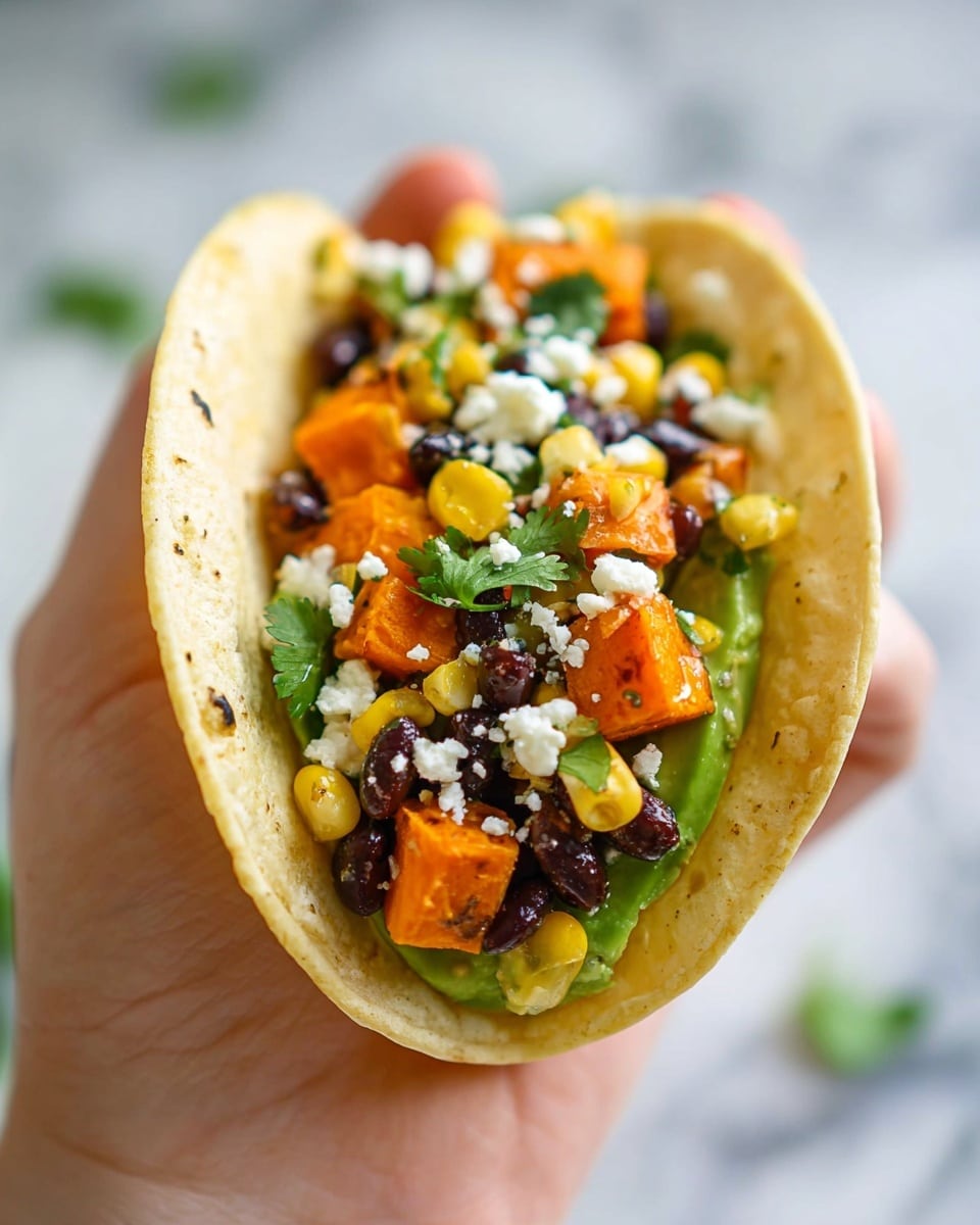 A close-up of a woman's hand holding a soft, lightly toasted corn tortilla taco filled with colorful layers: bright orange cubes of roasted sweet potato, yellow corn kernels, dark black beans, fresh green slices of avocado, sprinkled white crumbles of cheese, and green cilantro leaves scattered throughout. The textures range from soft and smooth avocado edges to firm, slightly crispy sweet potato cubes, with a mix of juicy corn and beans adding depth. The background shows a white marbled surface with a soft focus on another taco. Photo taken with an iphone --ar 4:5 --v 7