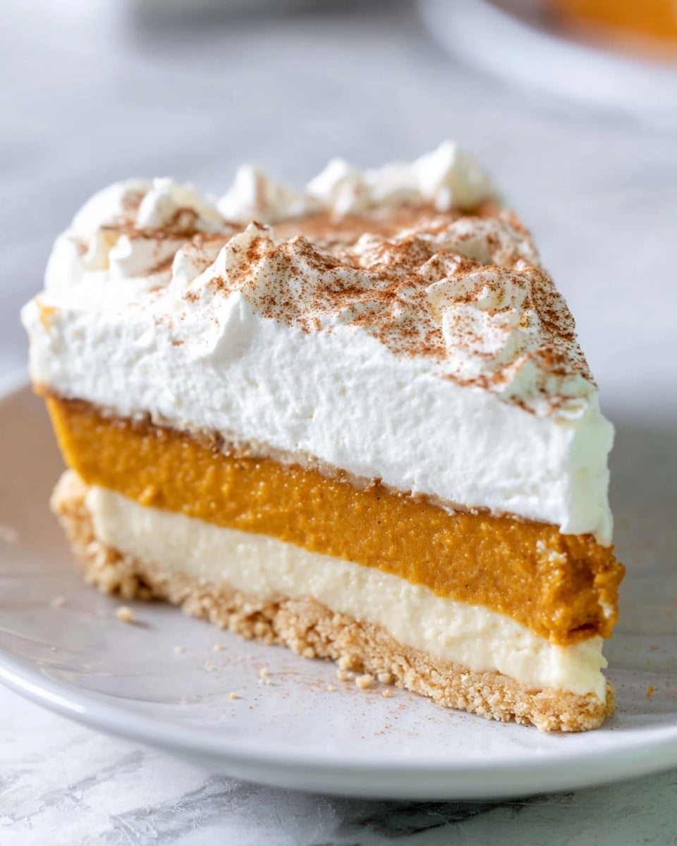 The image shows a pie with three layers: a golden-brown crumb crust at the bottom, a smooth light brown filling in the middle, and a thick white whipped topping sprinkled with light brown spice on top. Two slices of the pie are served on white plates placed on a white marbled surface, each slice showing the three distinct layers clearly. The pie itself is in a shiny silver foil pie dish, with one slice missing. There are three silver forks near the bottom right and a blue checkered cloth under the pie dish. The scene is bright and clean. Photo taken with an iphone --ar 4:5 --v 7