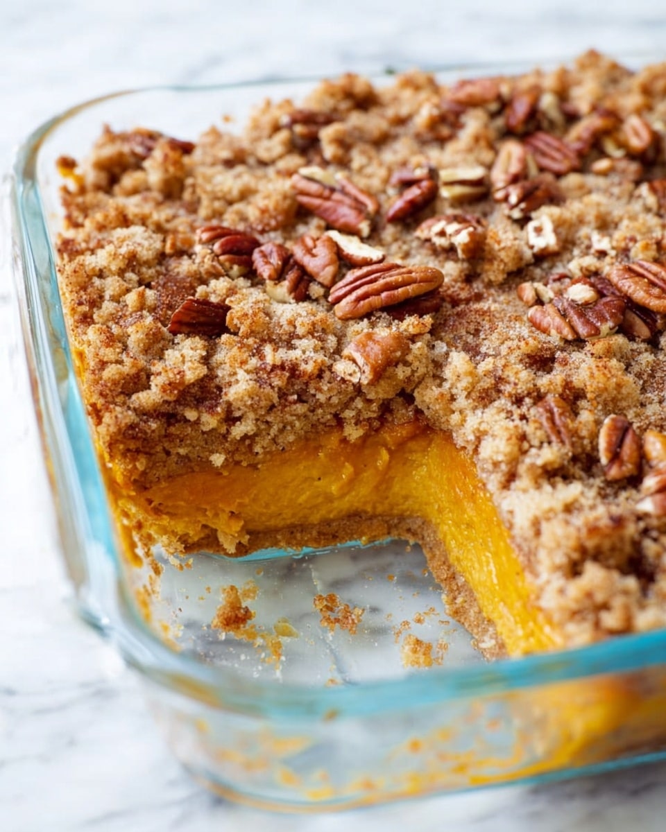 The image shows a close-up of a layered dessert in a clear glass baking dish placed on a white marbled surface. The dessert has two main layers: a thick, soft, golden yellow base layer and a crumbly, light brown topping mixed with pecan nuts scattered all over. Some pieces of the topping and pecans have fallen inside the dish and onto the sides, giving a textured look. A large piece from the dessert is missing, revealing the smooth and dense inside of the bottom layer. The top layer has a rough, crumbly texture with shiny brown pecan halves that add visual contrast. Photo taken with an iphone --ar 4:5 --v 7