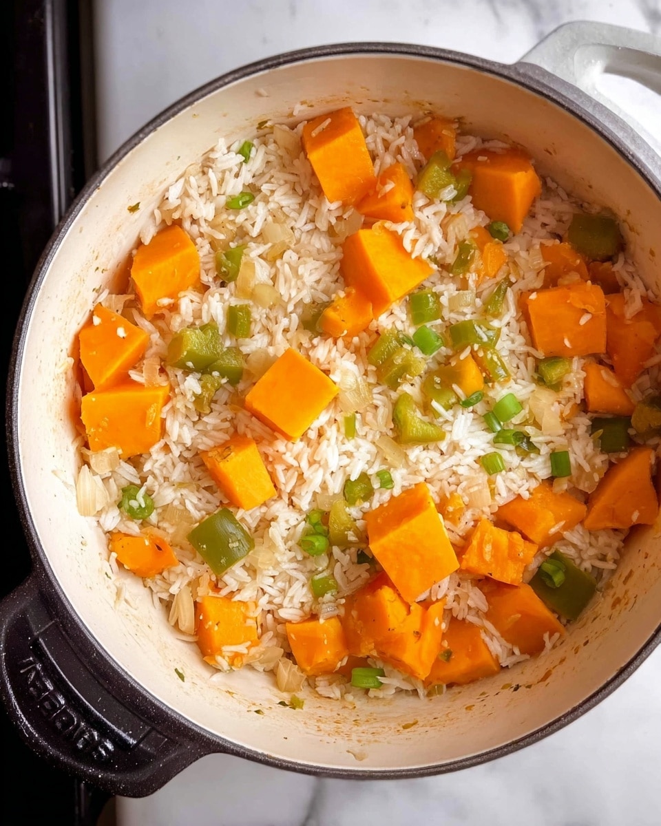 A close-up of a white pot filled with a colorful mixture of cooked ingredients, showing bright orange large cubes of squash scattered evenly throughout. Mixed with the squash are light green chopped pepper pieces and soft, translucent white onion chunks. White cooked rice is spread among the vegetables, filling the spaces around them with small grains. The pot's rim is dark and slightly worn, contrasting with the bright food inside. The pot sits on a white marbled surface with part of a stove visible beneath. photo taken with an iphone --ar 4:5 --v 7