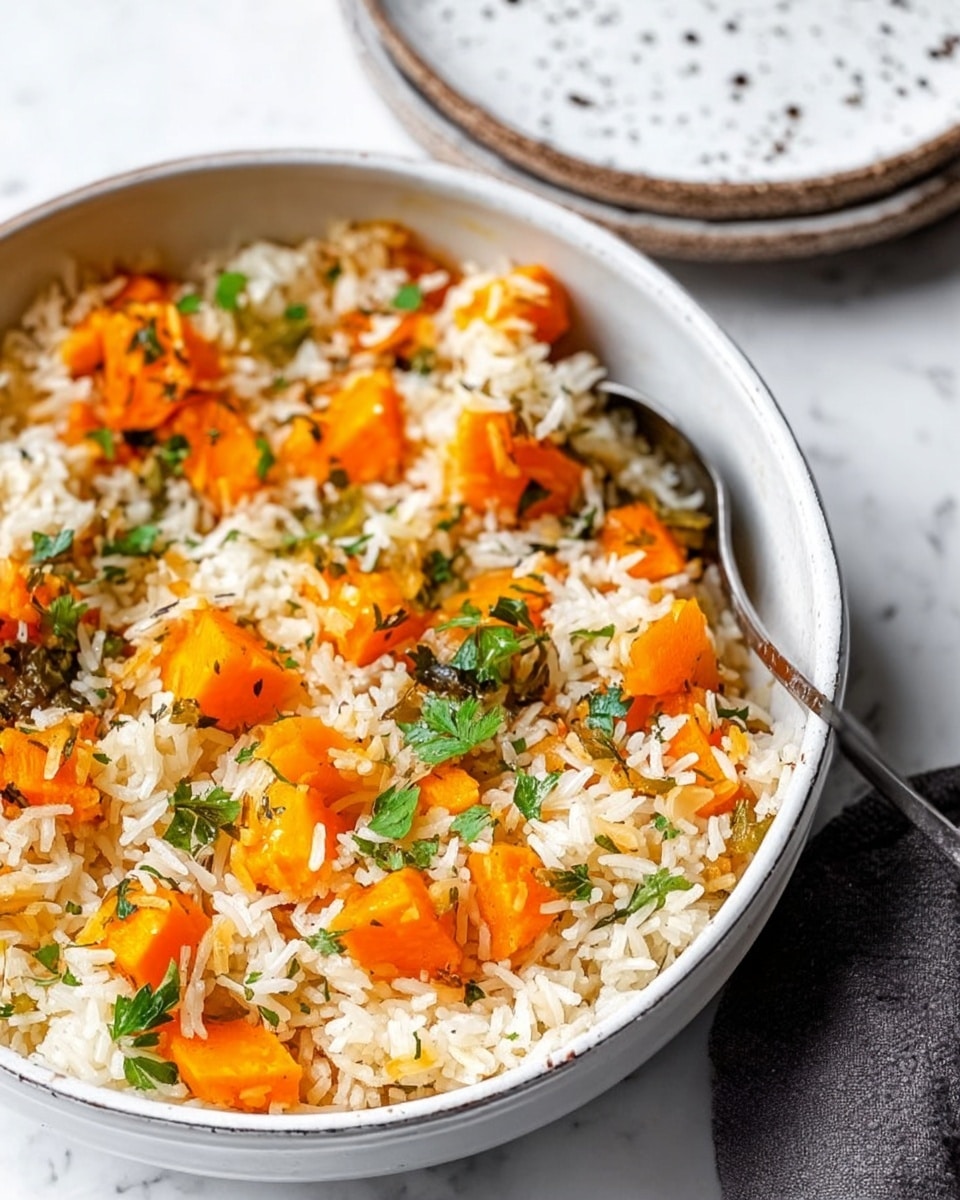 The image shows a close-up of a white bowl filled with a mix of cooked rice and orange sweet potato cubes, scattered with small green pieces of herbs and vegetables. The rice is white with some light brown grains mixed in, creating a soft texture. The orange cubes of sweet potato add a strong color contrast, while fresh green parsley leaves are sprinkled on top. A silver spoon rests inside the bowl on the left side. The bowl is placed on a white marbled surface. photo taken with an iphone --ar 4:5 --v 7