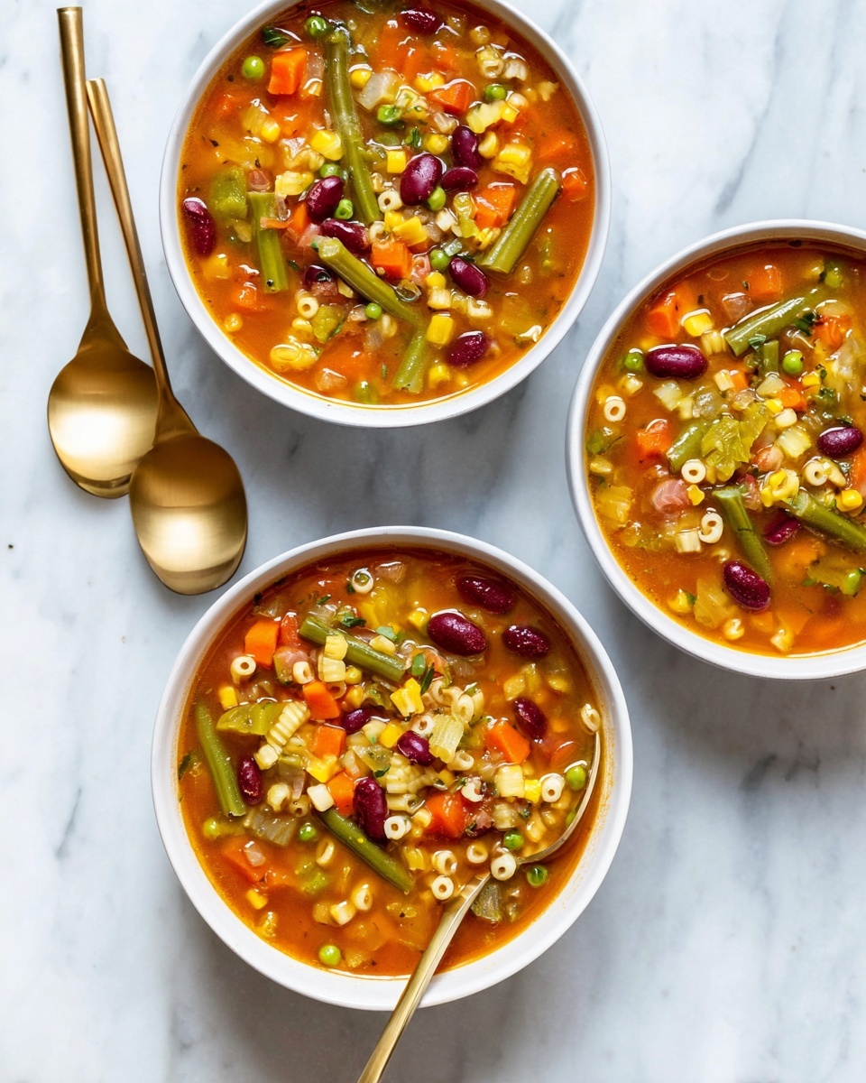 Three white bowls filled with bright orange vegetable soup are placed on a white marbled surface. The soup has many colorful layers showing mixed vegetables like green beans, green peas, yellow corn, red kidney beans, small diced orange carrots, and light-colored alphabet pasta floating throughout the broth. One bowl at the bottom right has a golden spoon inside, partially submerged, showing a close-up of the alphabet pasta pieces. To the left of the bowls, there are two golden spoons resting on the surface. The overall scene is bright and fresh with a clean white marbled background. photo taken with an iphone --ar 4:5 --v 7