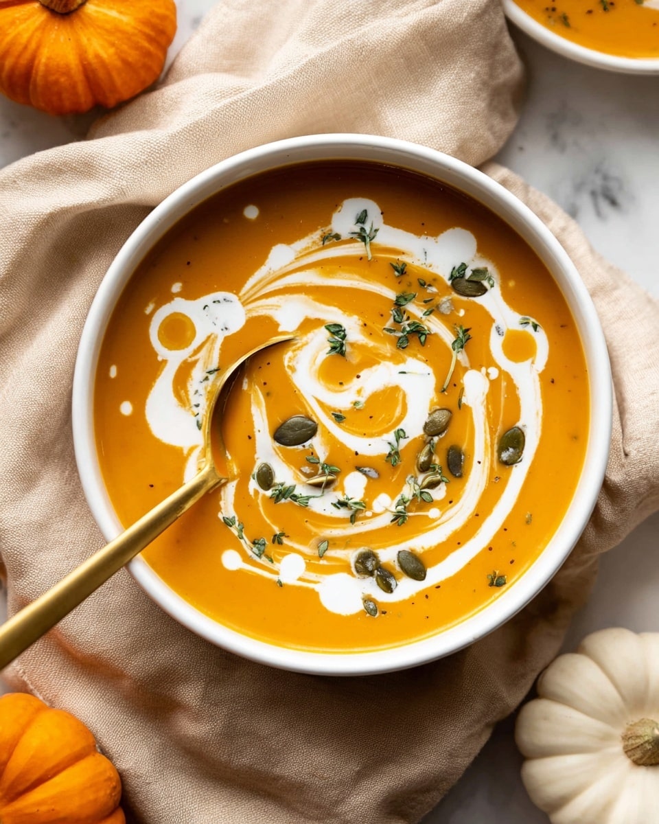 A white bowl filled with smooth orange soup swirled on top with white cream in a spiral pattern. Small green herb leaves and some pumpkin seeds are scattered over the soup. A gold spoon is placed inside the bowl, resting on the edge. The bowl sits on a beige cloth with a small orange pumpkin nearby. Around the bowl, there are two small white bowls with black rims holding more white cream. The background surface is a white marbled texture. photo taken with an iphone --ar 4:5 --v 7
