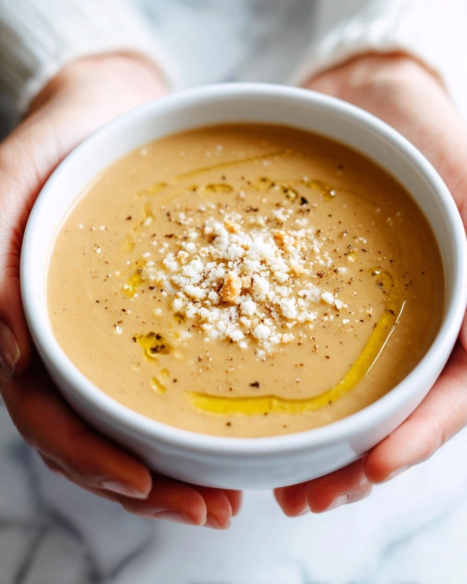 A white bowl filled with creamy tan soup, topped with a drizzle of yellow oil and a sprinkle of finely grated white cheese and black pepper, held gently by two woman's hands against a white marbled textured surface. photo taken with an iphone --ar 4:5 --v 7