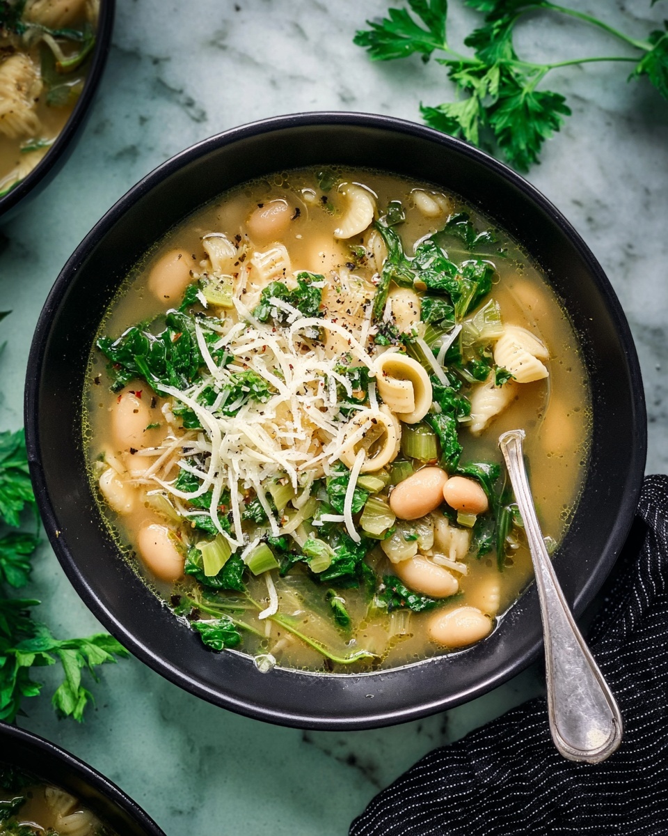 A matte black bowl filled with a soup of creamy broth, showing three layers: the base layer is pale yellow broth, the middle layer has light beige shell pasta and white beans, and the top layer is green spinach leaves and celery pieces scattered with some shredded pale yellow cheese and a few black pepper flakes. A metal spoon rests inside the bowl on the left side. The bowl sits on a white marbled surface, with a blurred white pot and a black bowl of more soup in the background. photo taken with an iphone --ar 4:5 --v 7