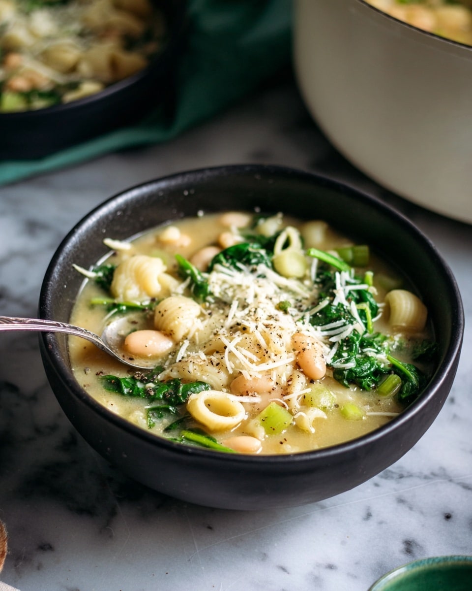 Two black bowls filled with chunky light yellow soup sit on a green surface. The soup has layers of light yellow broth, white beans, light beige pasta shells, celery pieces, and bright green spinach leaves. On top, there are small sprigs of parsley and thin strips of light cheese sprinkled with black pepper. One bowl has a silver spoon resting inside. Small green parsley leaves scatter on the right side near a dark cloth napkin. photo taken with an iphone --ar 4:5 --v 7