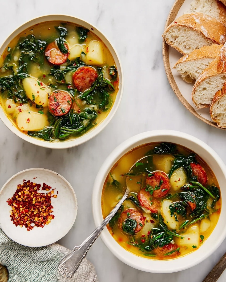 Two bowls of soup sit on a white marbled surface. Each white bowl holds a clear broth with three main layers visible: green leafy kale pieces with a slightly rough texture floating on top, large soft yellow potato chunks, and slices of red sausage adding a pop of color. A silver spoon is in one of the bowls, and a small white bowl with crushed red pepper flakes is placed between them. A small wooden bowl nearby holds thick slices of light brown bread. A woman's hand with red nail polish holds one bowl. Photo taken with an iphone --ar 4:5 --v 7