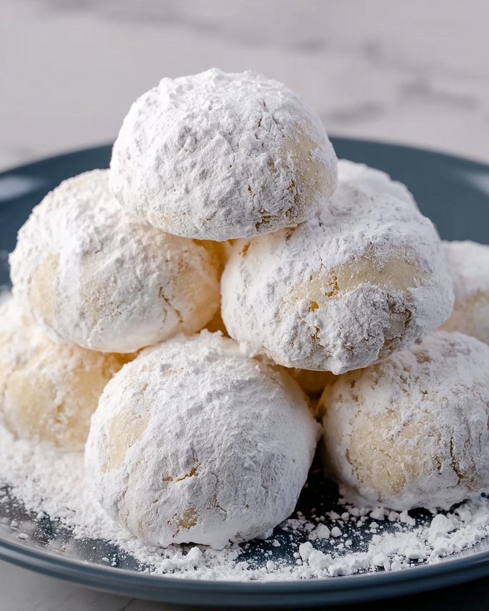 A pile of round white cookies covered in powdered sugar is stacked on a shiny white plate. The cookies have a soft texture with a slightly cracked surface, showing a light golden color underneath the powdered layer. Each cookie looks thick and fluffy, with a powdery white dusting giving them a snowy appearance. The plate is placed on a white marbled surface, adding a clean and bright background to the image. photo taken with an iphone --ar 4:5 --v 7