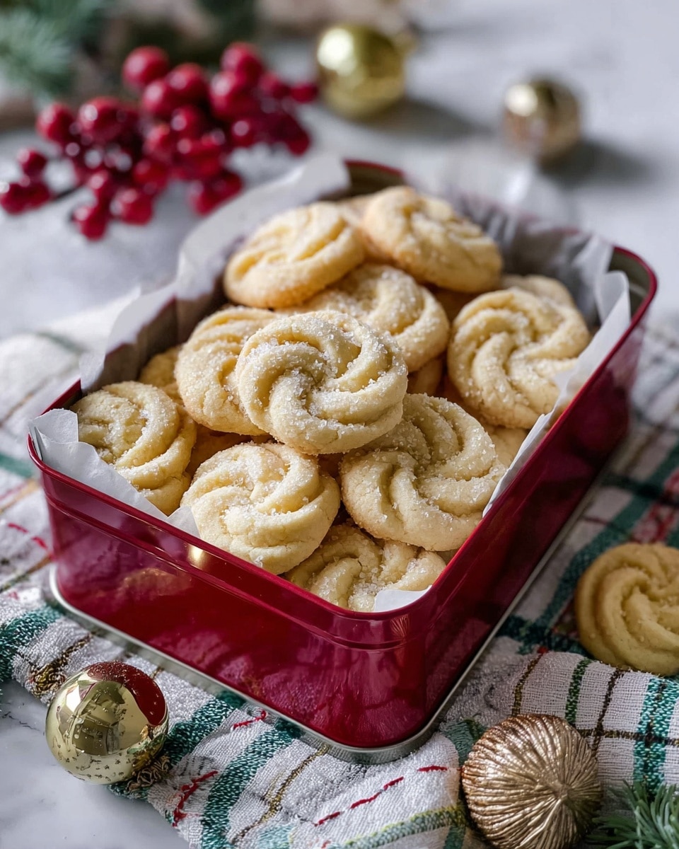 A red rectangular tin lined with white parchment paper is filled with one layer of light golden swirled cookies that have a soft texture and a sugar dusting on top. The tin is placed on a white cloth with green plaid patterns, resting on a white marbled surface. In the background, there are blurred holiday decorations including red berries and gold and white round ornaments. The scene looks cozy and festive. photo taken with an iphone --ar 4:5 --v 7