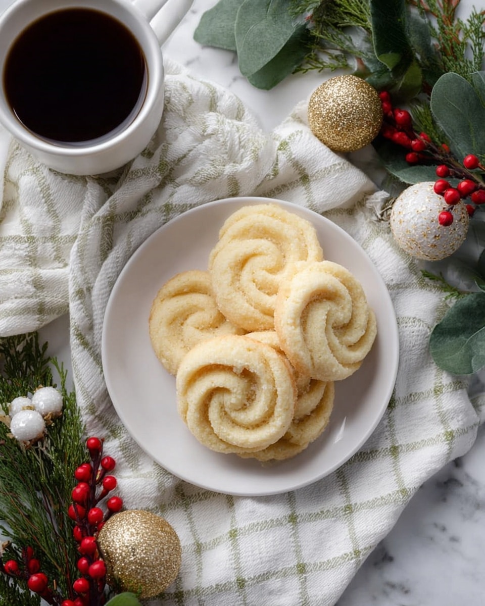 A white plate holds four light golden swirled cookies with a slightly crumbly texture, one cookie has a small bite taken out. The plate sits on a white cloth with green grid lines draped over a white marbled surface. To the left, there is a white cup filled with dark black coffee. Surrounding the plate and cloth are festive decorations including shiny gold and white round Christmas ornaments and red berries, with some green pine leaves visible at the bottom right. The scene has a cozy, holiday feel. photo taken with an iphone --ar 4:5 --v 7