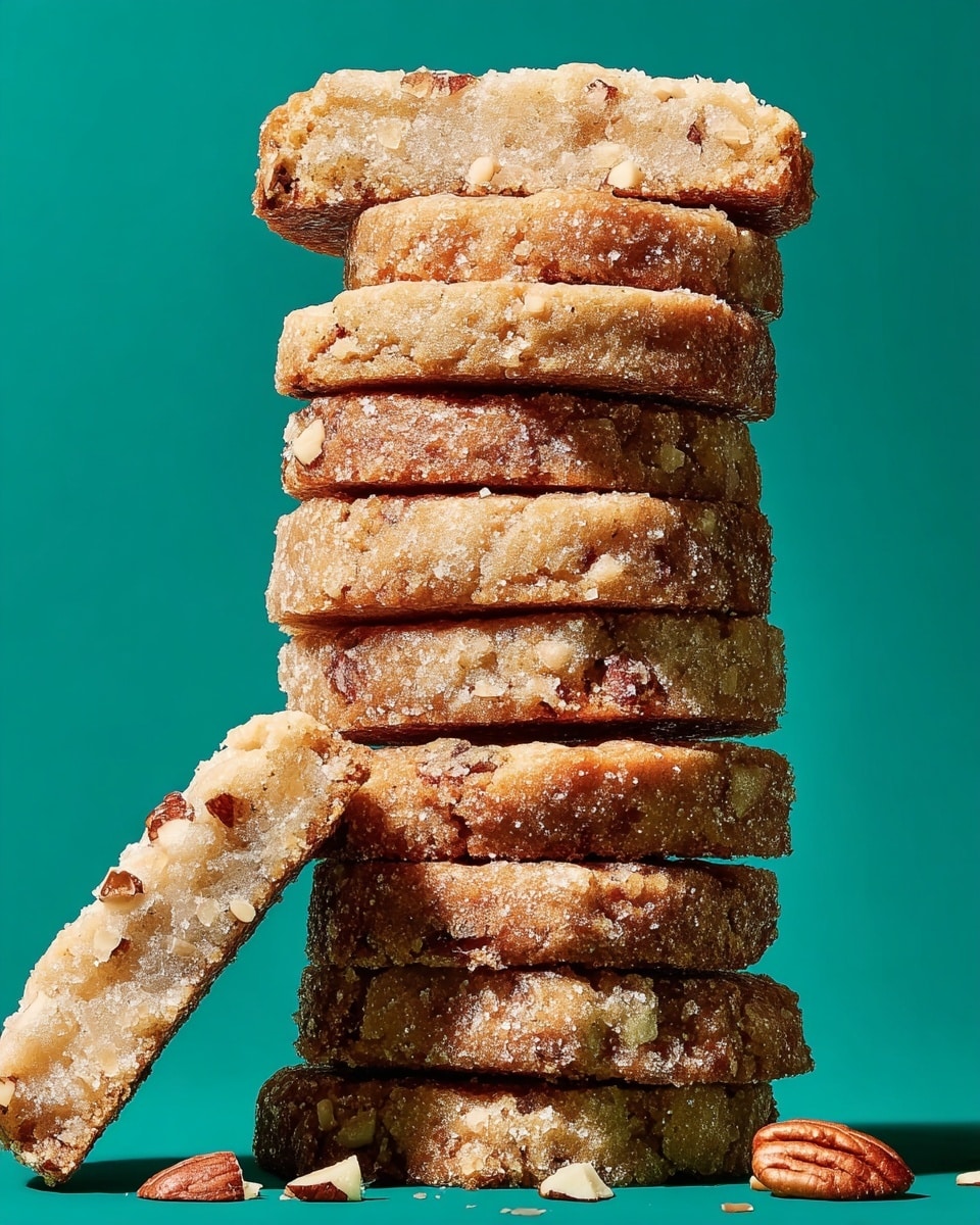 A tall stack of eight thick, round cookies with a light brown color and a crunchy texture is shown against a clean green background. The cookies have large sugar crystals on their surfaces that sparkle, with small nut pieces embedded inside. One cookie leans against the stack on the left side, showing its smooth side with visible nut bits. Small pieces of broken nuts lie scattered around the base of the stack on a white marbled surface. The photo is taken with an iphone --ar 4:5 --v 7
