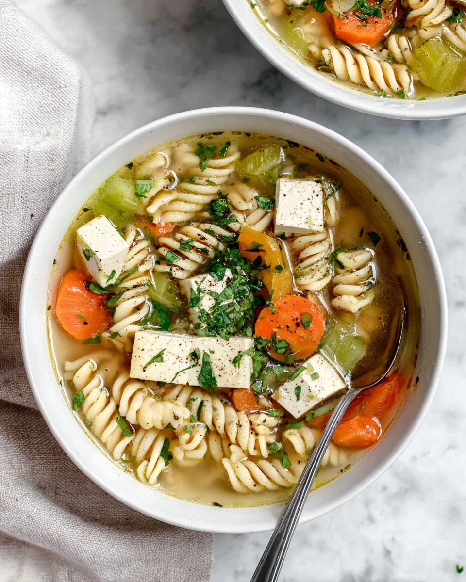 A white bowl filled with light yellow broth contains creamy white spiral pasta, large white tofu cubes sprinkled with black pepper, and bright orange carrot pieces. There are pale green celery slices and thin white onions mingled throughout. Fresh green chopped herbs are scattered on top for garnish. A spoon rests inside the bowl on the right side. The bowl sits on a white marbled surface with a light gray cloth next to it. Another similar bowl with the same contents is slightly visible in the background. Photo taken with an iphone --ar 4:5 --v 7