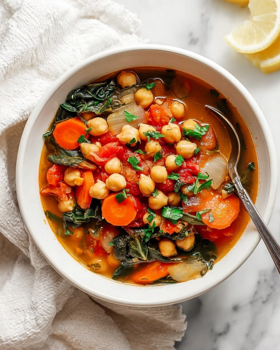 A close-up view of a white bowl filled with a chickpea stew, showing one layer of chickpeas that are light beige and round, mixed with thick slices of bright orange carrots, chunks of red tomatoes, and pieces of translucent cooked onions. There are also dark green spinach leaves scattered throughout the stew. The stew has a light brown broth that fills the bowl to about the halfway point. Fresh green parsley leaves are sprinkled on top, adding a fresh touch. The bowl is placed on a white marbled surface with a white cloth nearby. Photo taken with an iphone --ar 4:5 --v 7