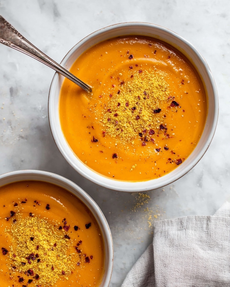 Two white bowls filled with smooth, bright orange soup sit on a dark surface with a white marbled texture. Each bowl has a thick layer of roasted vegetables with reddish-brown and purple colors in the center, sprinkled with white shredded cheese and small green herb leaves. To the left, there are slices of seeded bread with a light brown crust resting on a wooden board. A golden spoon lies next to the upper bowl on a dark blue cloth with soft folds. The photo taken with an iphone --ar 4:5 --v 7