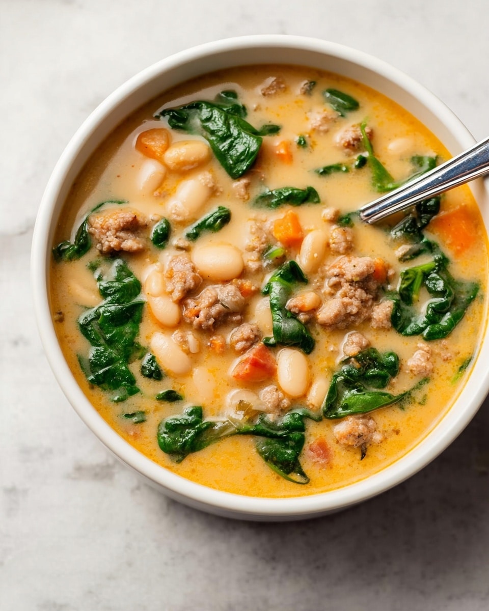 A white bowl filled with a thick soup showing multiple layers: a creamy light beige base with small white beans scattered throughout, orange carrot pieces, cooked green spinach leaves resting on top and mixed inside, browned small meat chunks dotted across the soup, and a sprinkle of black pepper creating tiny dark specks on the surface; the bowl sits on a white marbled background. photo taken with an iphone --ar 4:5 --v 7