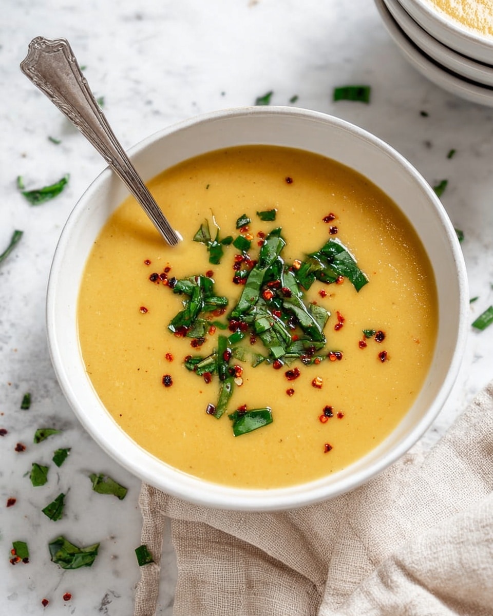 A close-up view of a white bowl filled with smooth, creamy yellow soup, decorated with small pieces of bright green chopped herbs and scattered red chili flakes on top. The soup has a thick texture with a gentle swirl, and a silver spoon is partially dipped into it, resting on the right side of the bowl. The bowl sits on a white marbled surface with a few bits of chopped green herbs scattered around. Photo taken with an iphone --ar 4:5 --v 7