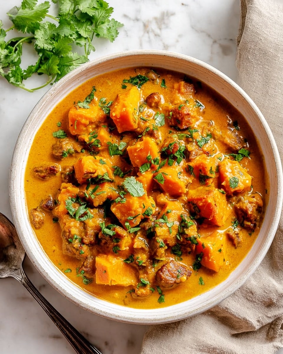 This image shows a clear glass container filled with African peanut soup. The soup has thick, chunky orange layers with large cubes of soft yam or sweet potatoes visible throughout. There are small bits of greens sprinkled on top and some bits of red that could be tomatoes or peppers. The surface of the soup looks thick and smooth with a rich texture. The container cover is partly open at an angle, showing the label marked
