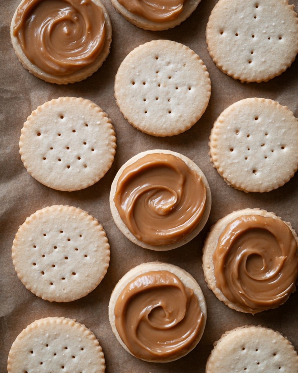 The image shows several cookies arranged in rows on a light brown surface. Each cookie is round with a pale beige color, and some have three small holes in the center while others are plain. On top of some cookies, there is a smooth, shiny caramel-colored spread swirled thickly in a circle, creating a textured and creamy layer. The cookies without the spread are simple and flat, creating a contrast between the plain and topped cookies. The background is a white marbled texture. photo taken with an iphone --ar 4:5 --v 7