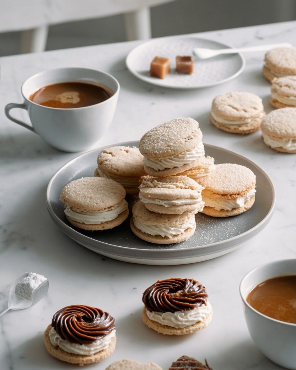 A white plate holds about ten round sandwich cookies with light beige tops and bottoms, and a thick caramel filling sandwiched between each pair. Around the plate on a white marbled surface are several open cookies showing a smooth, dark caramel spread on the bottom layer with no top layer, while a few closed cookies lie nearby. Two white cups with frothy coffee inside are placed on the surface, one near the cookies and another on a white saucer with two brown sugar cubes beside it. The scene is softly lit and has a cozy, warm tone. Photo taken with an iphone --ar 4:5 --v 7