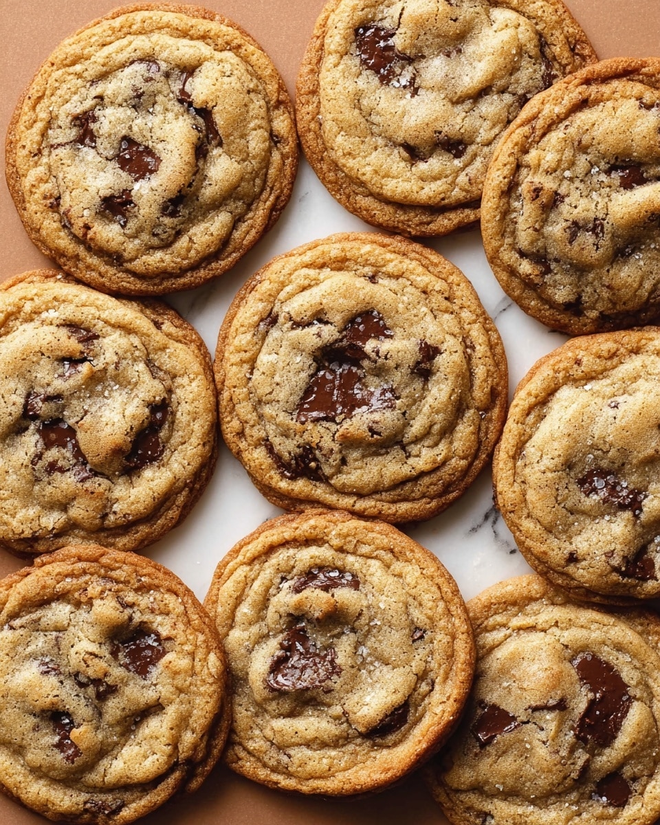 Eight round chocolate chip cookies are placed close together on a white marbled surface. Each cookie has a golden brown outer edge with a lighter, soft center that shows some melted dark chocolate chunks scattered unevenly inside. The cookies have a slightly cracked texture on top, giving a homemade look. The arrangement is casual, with some cookies slightly overlapping others. photo taken with an iphone --ar 4:5 --v 7