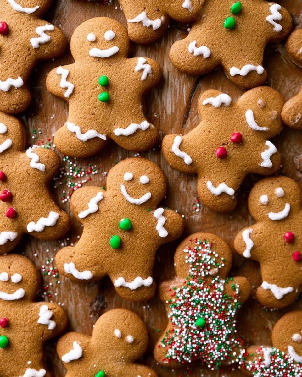 A gingerbread cookie shaped like a person is held by a pair of small hands. The cookie has three round candy buttons in blue, red, and yellow arranged vertically down the center. White icing decorates the eyes, a smiling mouth, and zigzag patterns on the arms and legs. Several more gingerbread cookies with similar decorations are blurred in the background, all placed on a white marbled surface. photo taken with an iphone --ar 4:5 --v 7