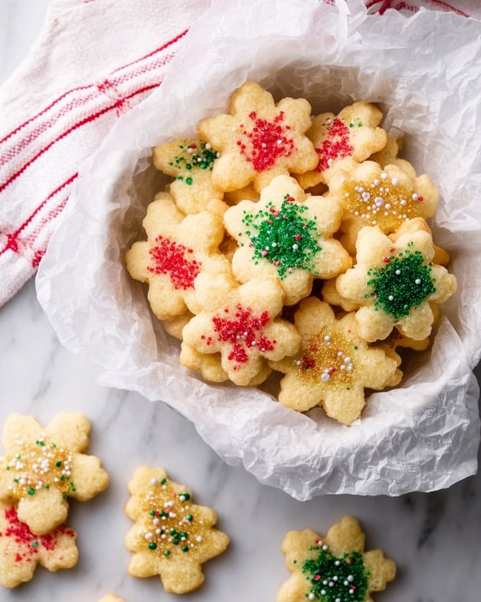 The image shows a silver baking tray with four rows of unbaked sugar cookies on a white marbled surface. The top row has three light yellow teddy bear-shaped cookies sprinkled with white sugar. The second row has three flower-shaped cookies with red sugar sprinkles on top. The third row contains three star-shaped cookies decorated with white sugar. The bottom row has three Christmas tree-shaped cookies with green sugar sprinkled on them. The tray is set on a white marbled surface with a white cloth and red stripes partially visible in the bottom left corner. photo taken with an iphone --ar 4:5 --v 7
