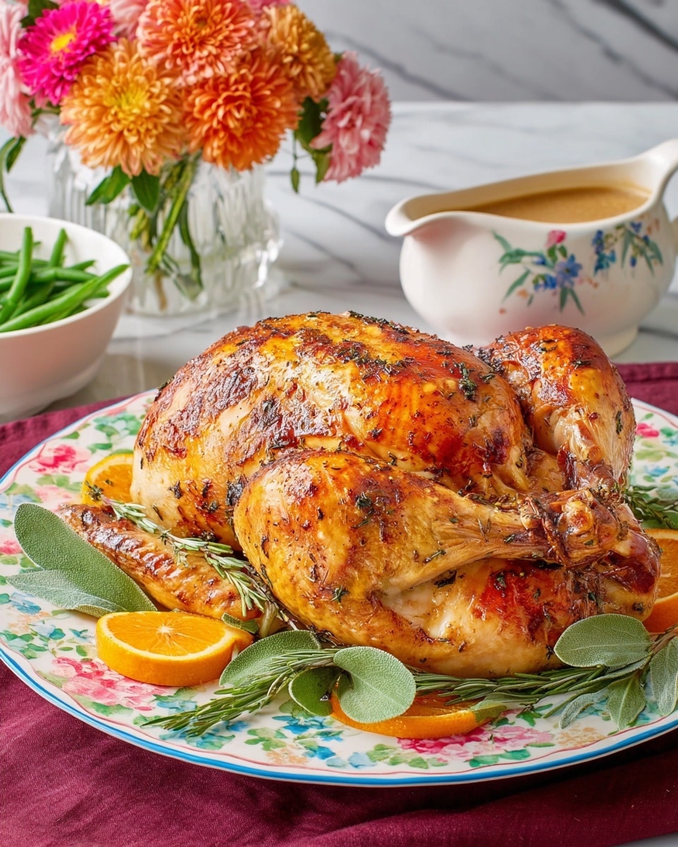A whole roasted chicken with a shiny, golden brown skin sits on a white patterned plate. The chicken is centered and looks plump with crispy skin. Around the chicken, there are bright orange slices and green leaves placed evenly as decoration. The plate rests on a wooden table, and the background shows a warm, glowing fireplace, adding a cozy feel to the scene. Photo taken with an iphone --ar 4:5 --v 7