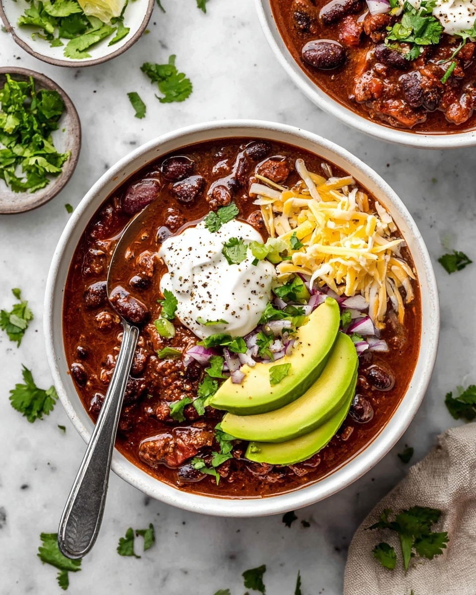 A white bowl filled with rich brown chili made of beans and small meat pieces with visible chunks of vegetables. On top, there is a layer of chopped red onions and fresh green cilantro leaves scattered around. To one side of the bowl, two light yellow slices of avocado rest delicately, while shredded white cheese covers part of the chili just beneath the avocado. A dollop of thick white sour cream sits near the center, sprinkled lightly with black pepper. A silver spoon is placed inside the bowl, resting on the chili. The bowl is placed on a white marbled surface with bits of cilantro and a folded black and white checkered cloth nearby. Photo taken with an iphone --ar 4:5 --v 7