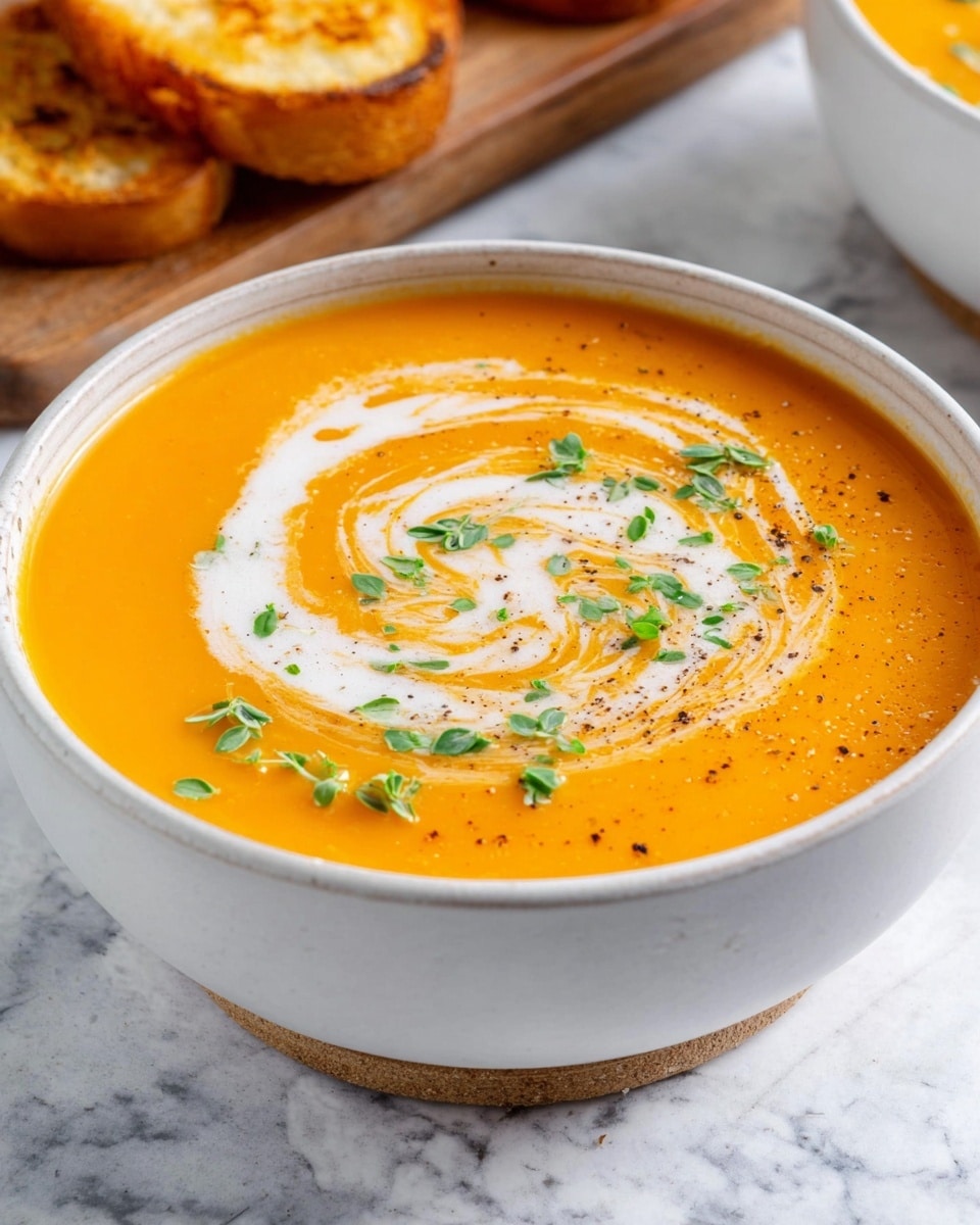A white bowl filled with smooth, bright orange soup is placed on a white marbled surface. The soup has a swirl of white cream on top, creating a lovely spiral pattern, and is garnished with fresh green basil leaves scattered over the surface. There are small specks of black pepper sprinkled lightly across the soup. The edge of a second bowl with similar soup is partially visible at the top left corner, also showing the same white cream swirl and basil leaves. A light beige cloth is softly folded next to the bowl in the lower left corner, adding texture to the scene. Photo taken with an iphone --ar 4:5 --v 7
