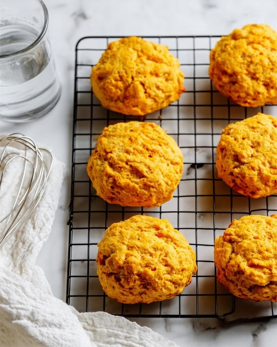 A clear glass container with a red lid is partially open, showing a stack of sweet potato biscuits inside. The biscuits have a rough, uneven surface with a golden orange color and small brown spots, giving them a homemade look. The container sits on a white marbled surface next to a light beige cloth. The photo taken with an iphone --ar 4:5 --v 7