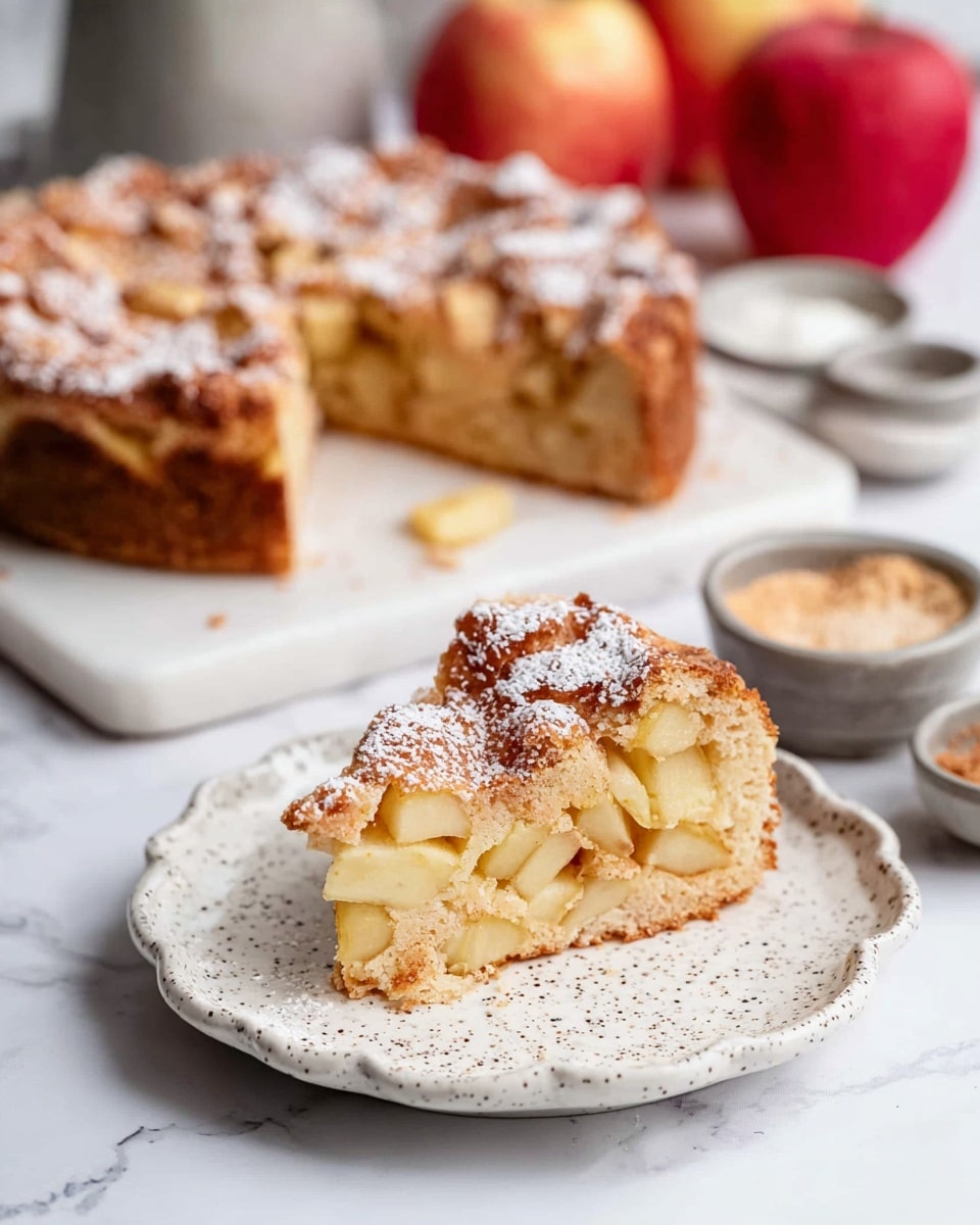 A round apple cake with a golden-brown top filled with visible chunks of baked apple pieces spread evenly throughout, sitting in a black round pan. The cake surface has a slightly rough texture with some apple pieces sticking out. Nearby, a white marbled surface holds two whole red apples on a wooden board, a small bowl of flour, and a white cloth napkin, creating a cozy baking scene. A woman's hand is lightly touching a small black bowl with a white powdery ingredient. Photo taken with an iphone --ar 4:5 --v 7