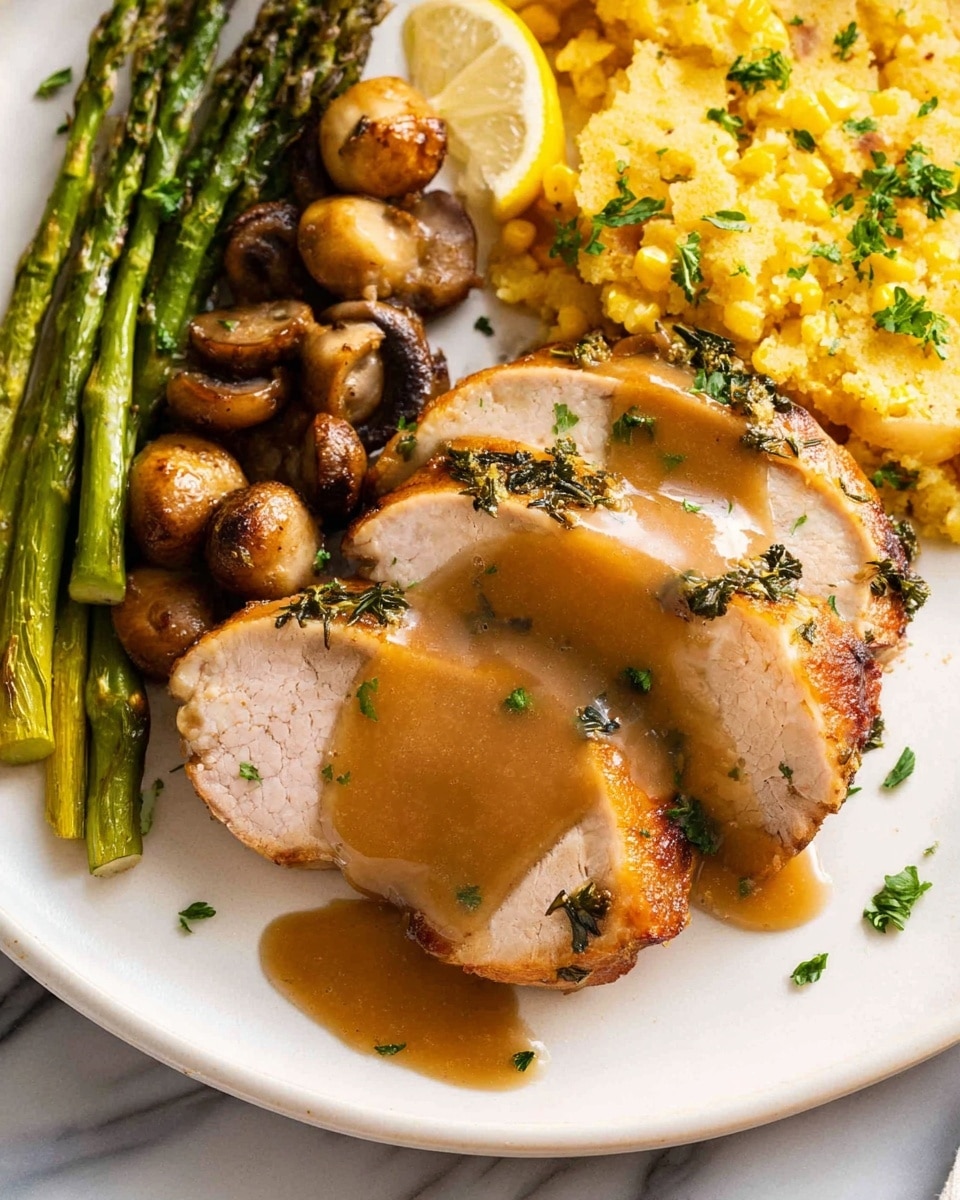 The image shows a white plate with a meal composed of several layers. The first layer is golden-yellow corn bread placed on the lower left side with a slightly crumbly texture. On top of the corn bread and spread across the middle, there are three thick slices of cooked white meat covered in a light brown sauce with visible herbs. Above the meat, there is a cluster of cooked whole brown mushrooms and green asparagus spears arranged diagonally, garnished with small green herb pieces. A bright yellow lemon wedge sits at the top left of the plate, adding a fresh color contrast. The plate sits on a white marbled surface. photo taken with an iphone --ar 4:5 --v 7