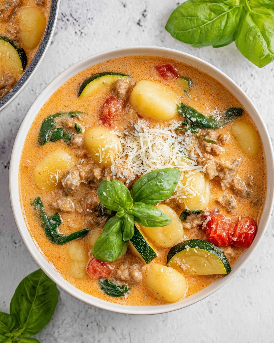 A white bowl filled with creamy tomato sauce soup that has several layers of soft yellow gnocchi, chunks of green zucchini, red tomato pieces, and small bits of browned ground meat mixed with green spinach leaves throughout. The top layer has a sprinkle of shredded white cheese and a small bright green basil leaf garnish placed on the side. The bowl is on a white marbled surface with more bowls and fresh basil leaves around it. Photo taken with an iphone --ar 4:5 --v 7