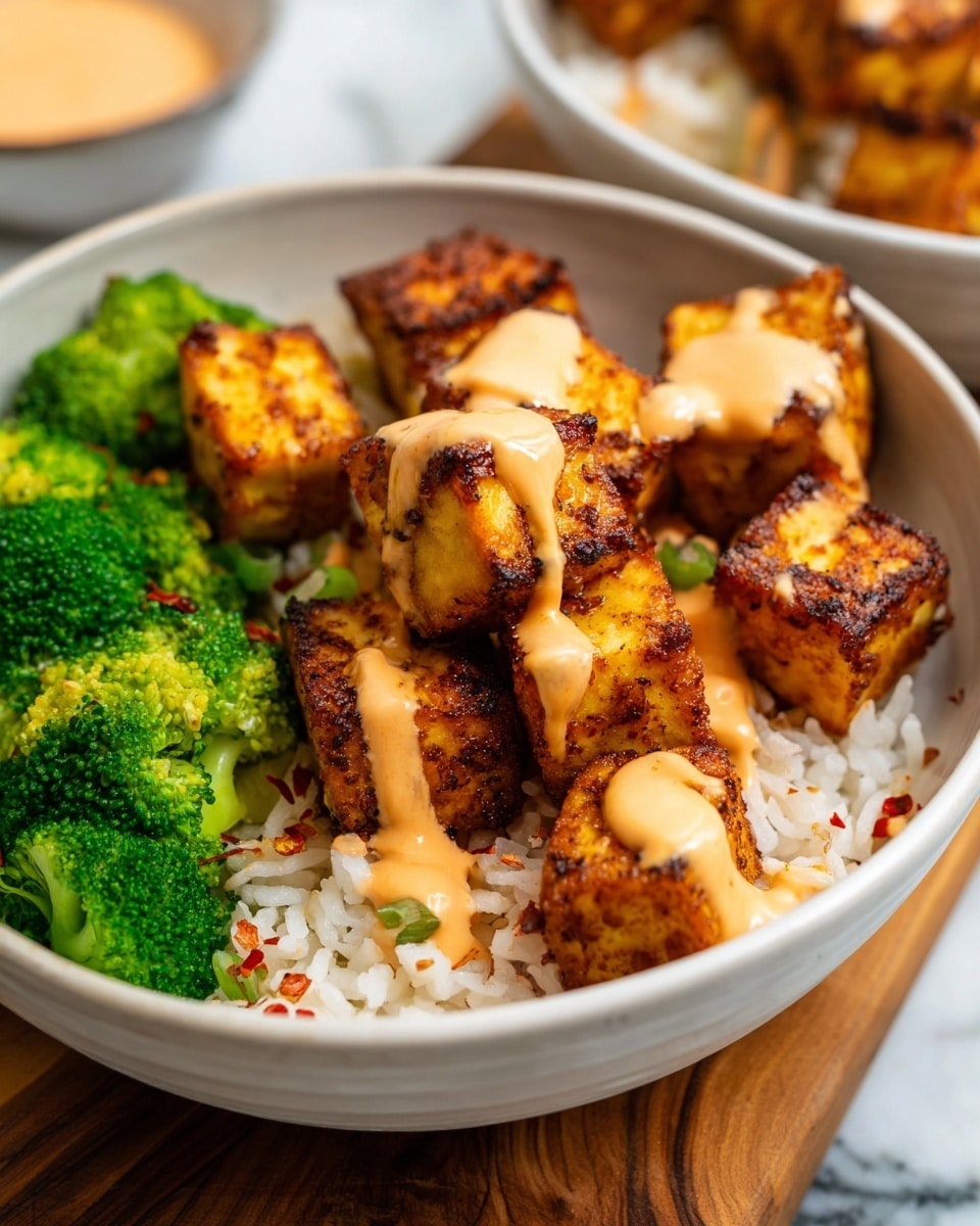 This image shows a close-up of a white bowl filled with three main layers: the bottom layer is white rice with some tiny seasoning visible, the middle layer consists of golden brown grilled cubes with textured, slightly charred surfaces, topped with a drizzle of light tan creamy sauce, and the top layer is bright green steamed broccoli florets positioned around the grilled cubes. The bowl sits on a wooden board on a white marbled surface. In the background, there is a glimpse of another similar grilled piece slightly out of focus. Photo taken with an iphone --ar 4:5 --v 7