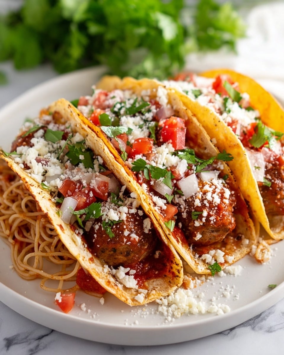 Three tacos sit side by side on a white plate with a white marbled surface beneath. Each taco has a yellow, soft tortilla shell holding layers of reddish-brown meatballs covered in thin, orange noodles. Bright red tomato chunks and white onion pieces are scattered on top, along with green chopped cilantro. A light dusting of fine white cheese covers the toppings, adding texture and contrast. The tacos are tightly packed and look fresh and colorful photo taken with an iphone --ar 4:5 --v 7