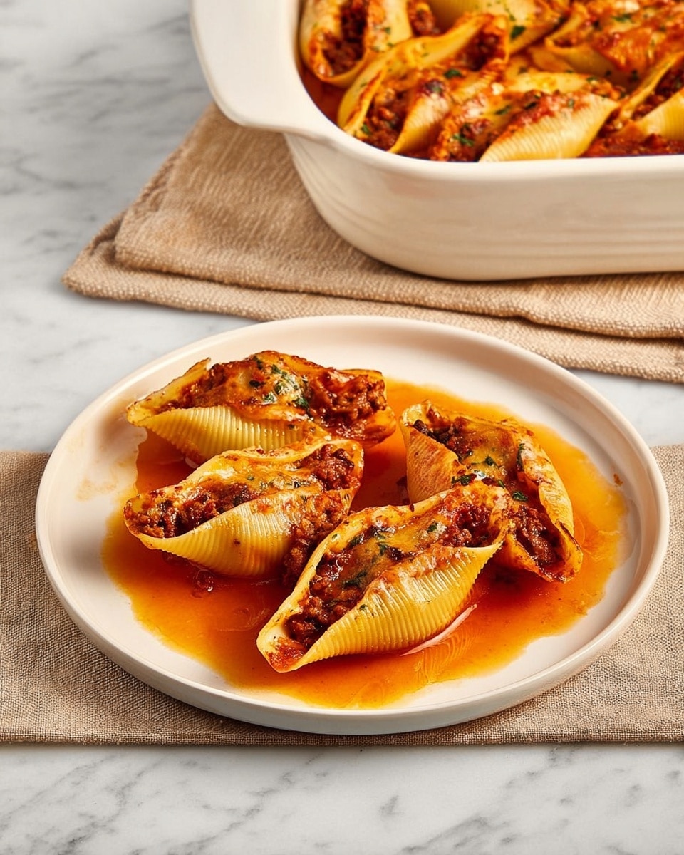 The image shows a white plate with three stuffed pasta shells arranged closely in the center. Each shell has a textured golden-yellow pasta layer filled with a dark brown, spiced meat mixture and topped with melted light yellow cheese. A rich reddish-orange sauce pools beneath the shells and slightly coats their sides. The plate is on a white marbled surface, and in the background to the upper left, there is a white baking dish containing more stuffed pasta shells with a similar look, resting on a white cloth with gray stripes. Photo taken with an iphone --ar 4:5 --v 7