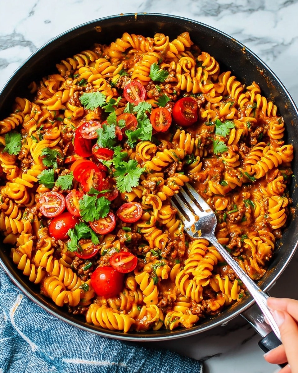 A black pan filled with spiral pasta covered in a rich orange sauce with small pieces of cooked meat mixed throughout. The pasta is topped in the center with a circle of halved red cherry tomatoes, surrounded by bright green fresh cilantro leaves scattered evenly over the dish. A woman's hand is holding a fork twirling some pasta on the right side of the pan. The pan is placed on a white marbled surface with a striped cloth beside it. photo taken with an iphone --ar 4:5 --v 7