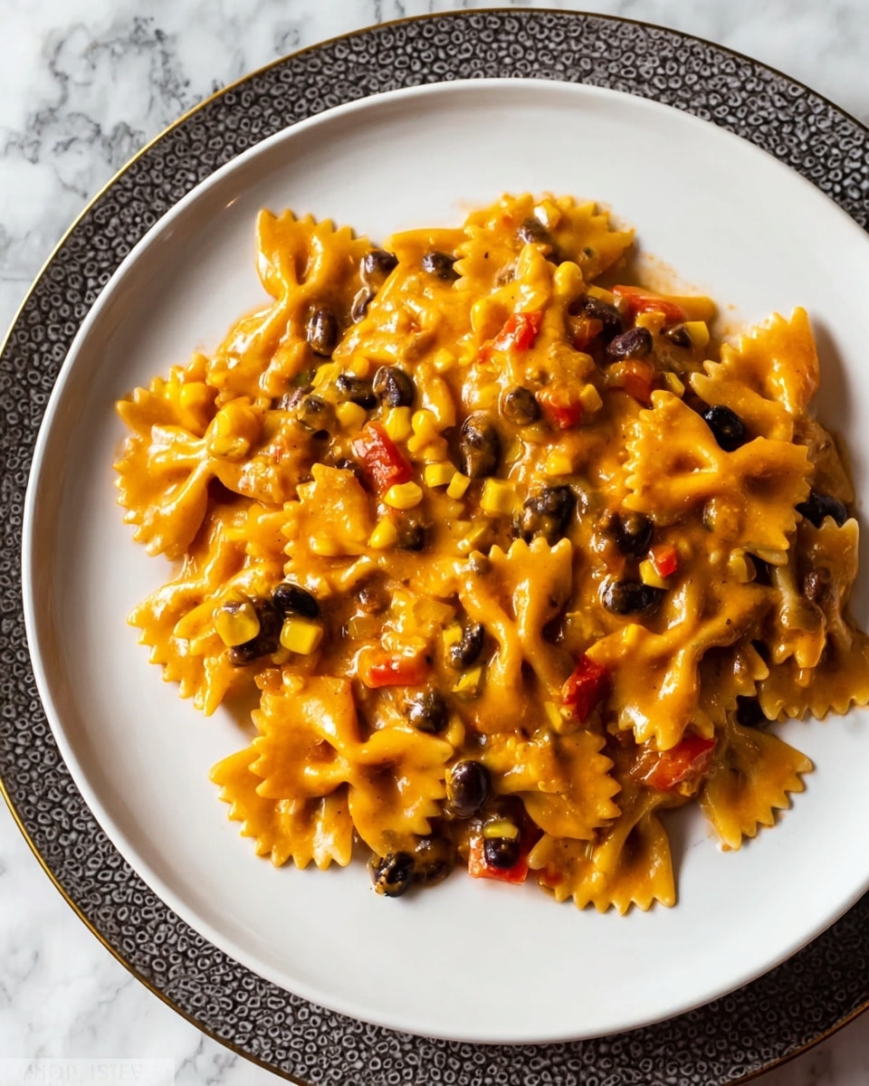 The image shows a plate with one layer of bow tie pasta covered in a thick, orange-brown sauce mixed with black beans and yellow corn. The pasta is arranged mostly in the center of a white plate with small raised dots around the edge, which is placed on a dark plate. The sauce has a smooth texture with visible pieces of black beans and corn spread evenly over the pasta. The background is a white marbled surface. Photo taken with an iphone --ar 4:5 --v 7