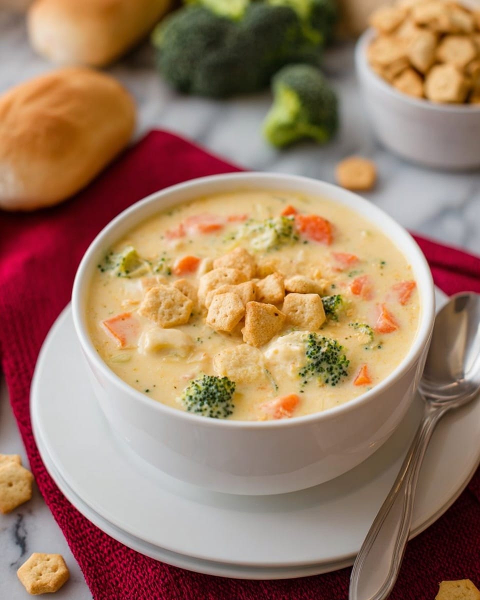 A white bowl filled with creamy soup that has a thick, smooth yellowish base with visible small pieces of green broccoli, orange carrot slices, and white chunks scattered throughout. On top, there are several small hexagon-shaped golden crackers clustered near the center. The bowl sits on a white plate, with a silver spoon resting on the plate’s edge. Behind the bowl, there is a round bread roll and a torn piece of bread on a white marbled surface, along with some fresh broccoli and carrots in the background. A few hexagon crackers are scattered around the bowl as well. Photo taken with an iphone --ar 4:5 --v 7
